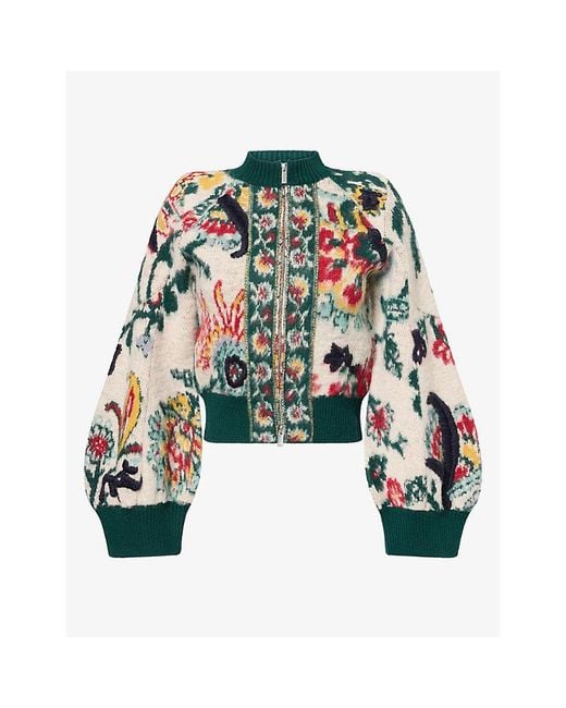 Sacai Green Floral-Pattern Jacquard Knitted Wool Blouson Jacket