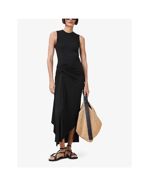 AllSaints Rivi Draped Jersey Midi Dress in Black | Lyst