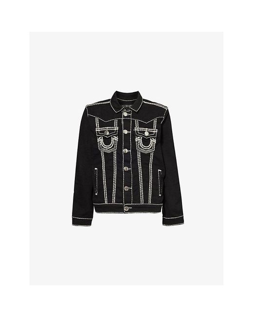 True Religion Black Jimmy Contrast-Stitch Denim Jacket for men