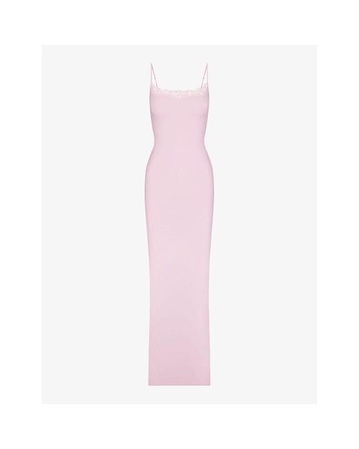 Skims Pink Fits Everybody Lace-trim Stretch-woven Maxi Slip Dress X