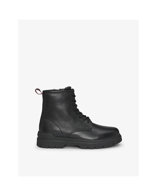 HUGO Black Embossed-Logo Leather Ankle Boots for men