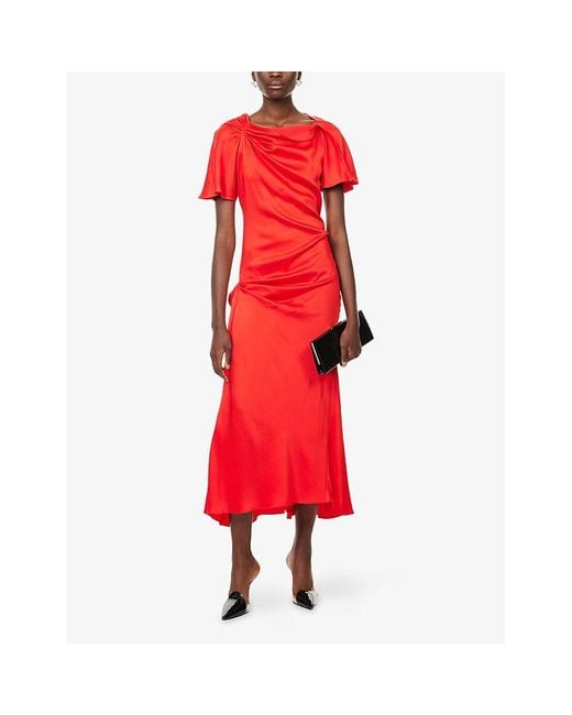 Victoria Beckham Red Draped Short-Sleeves Woven Midi Dress