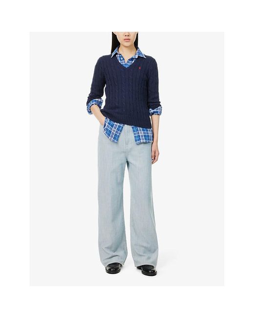 Polo Ralph Lauren Blue V-Neck Logo-Embroidery Cotton-Knit Jumper
