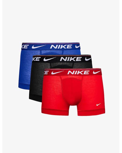 Nike Red Log-waistband Pack Of Three Stretch-recycled Polyester Trunks for men