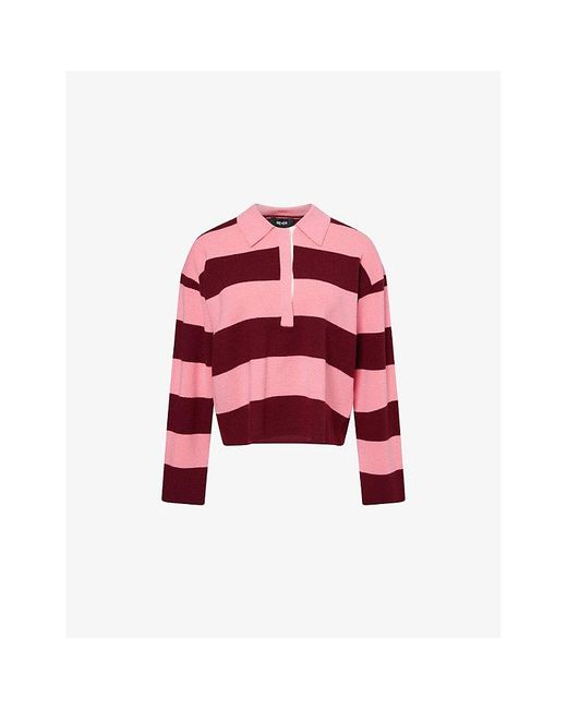 ME+EM Red Rugby Striped Wool-Cashmere Knit Polo Shirt