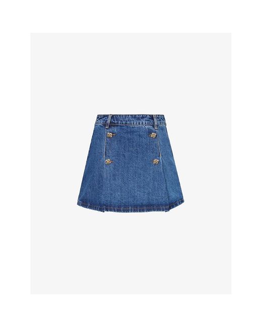 Self-Portrait Blue Slim-fit Button-embellished Denim Mini Skirt