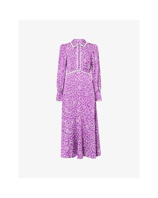 ME+EM Purple Floral-Print Lace-Trim Fit-And-Flare Crepe Maxi Dress
