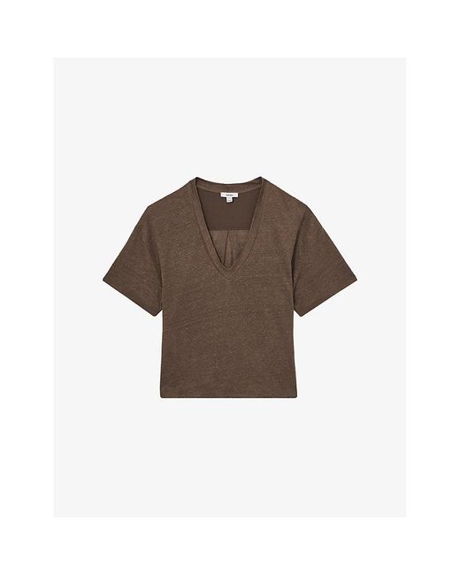 Reiss Brown Ember V-Neck Relaxed-Fit Linen T-Shirt