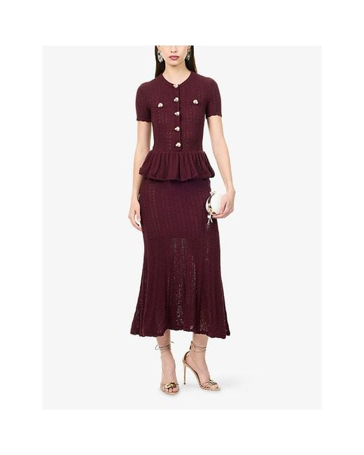 Self-Portrait Red Peplum Pointelle-Knit Cotton Midi Dress