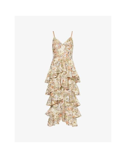 Nadine Merabi Metallic Saffron Sequin-Embroidered Lace Midi Dress