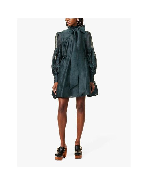 Zimmermann Green Pavilion High-Neck Silk And Linen-Blend Mini Dress