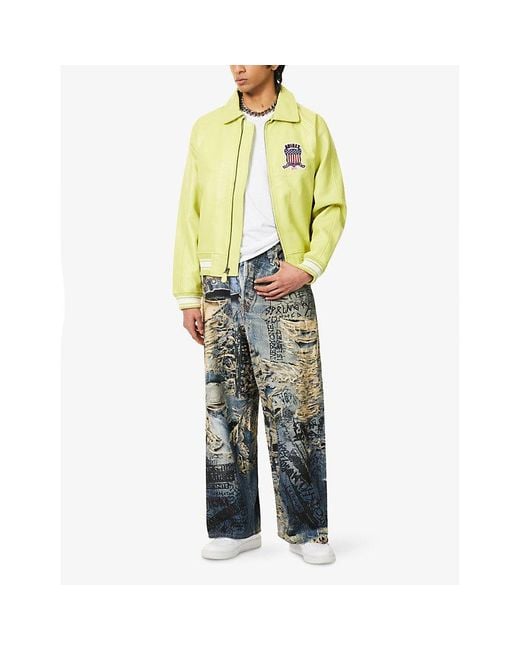 Avirex Yellow Icon Brand-Motif Regular-Fit Leather Jacket for men