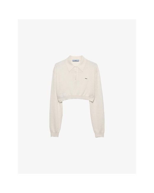 Prada White Long-Sleeved Cropped Cashmere Polo Shirt