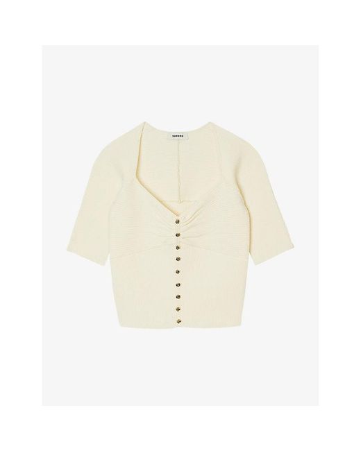 Sandro Natural Sweetheart-neck Cropped Stretch-woven Cardigan