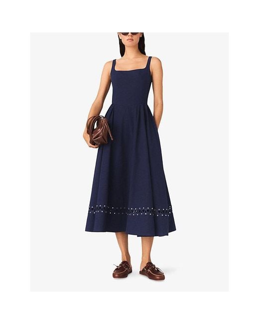Maje Blue Flared Square-Neck Stretch-Cotton Midi Dress