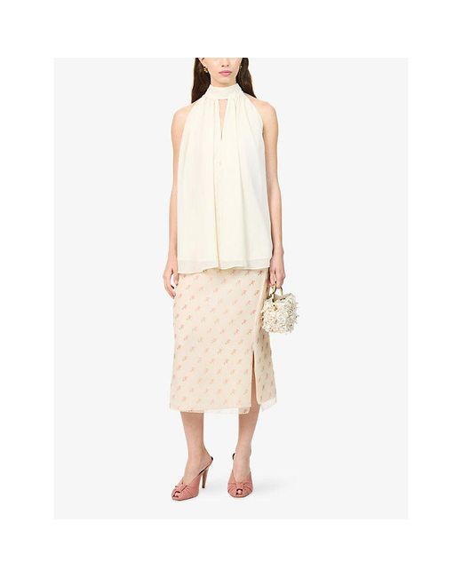 ROTATE BIRGER CHRISTENSEN Natural Halterneck Front-Slit Chiffon Top