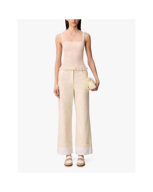 Claudie Pierlot White Sleeveless Floral-Embroidered Stretch-Woven Top