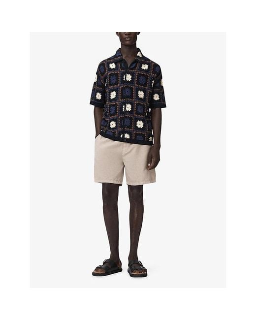 AllSaints Blue Mandon Flower-Embroidered Short-Sleeve Cotton Cardigan for men
