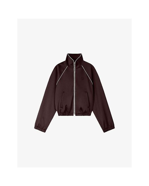 Sandro Brown Contrast-Trim Cropped Satin Jacket