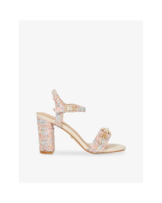 Dune White Mention Floral-Detail Block-Heel Woven Sandals