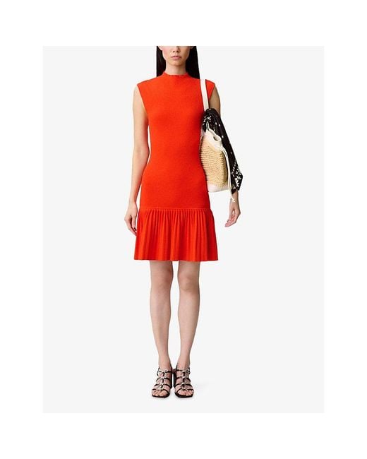 Claudie Pierlot Red Sleeveless Pleated-Trim Knitted Mini Dress