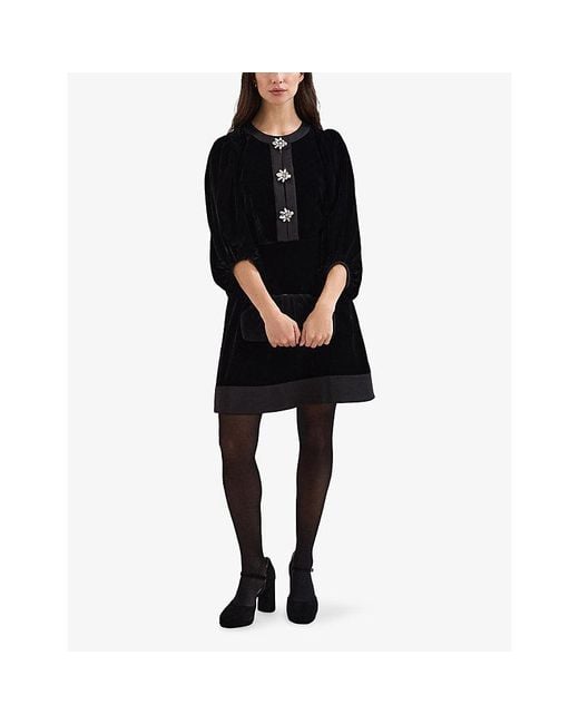 Phase Eight Black Heidi Diamante-Button Velvet Mini Dress