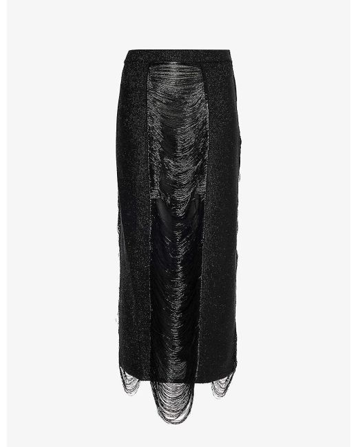 Alexander McQueen Black Fringe-trim Textured High-rise Woven Midi Skirt
