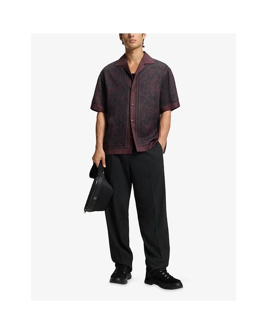 HUGO Black Abstract-Print Oversized-Fit Lyocell Shirt for men