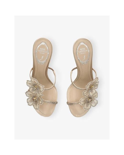 Rene Caovilla White Floral Strap 80 Satin Heeled Sandals