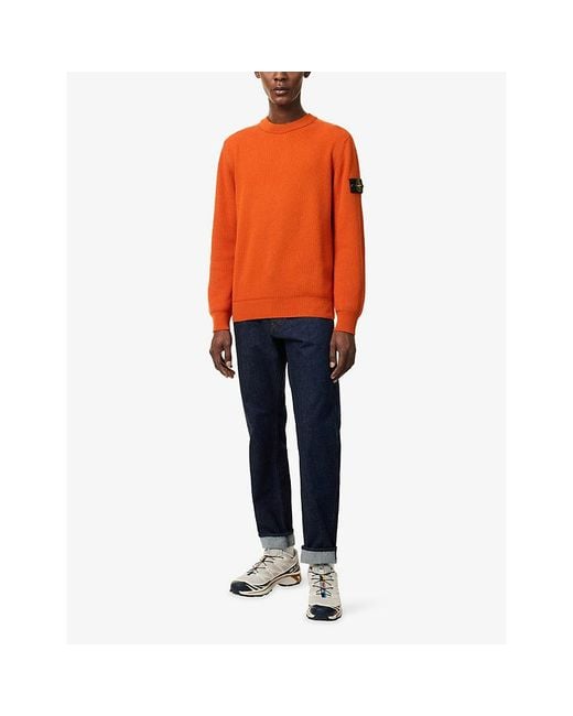 Stone Island Orange Ribbed Compass-Badge Cotton Jumper for men