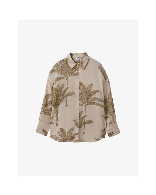 Reiss Brown Oskia Palm Tree-print Linen Shirt
