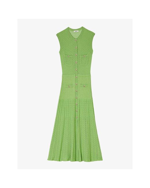 Sandro Green Patch-pocket Pleated Pointelle-knit Midi Dress