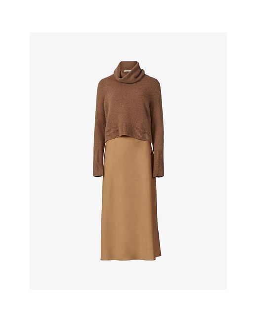 AllSaints Brown Tierny 2-in-1 Knitted And Recycled-polyester Midi Dress
