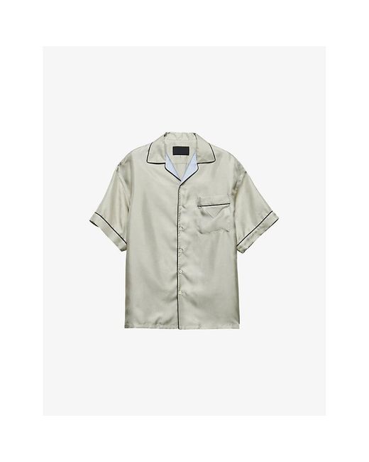 Prada Gray Logo-Embroidered Relaxed-Fit Short-Sleeve Silk Shirt for men