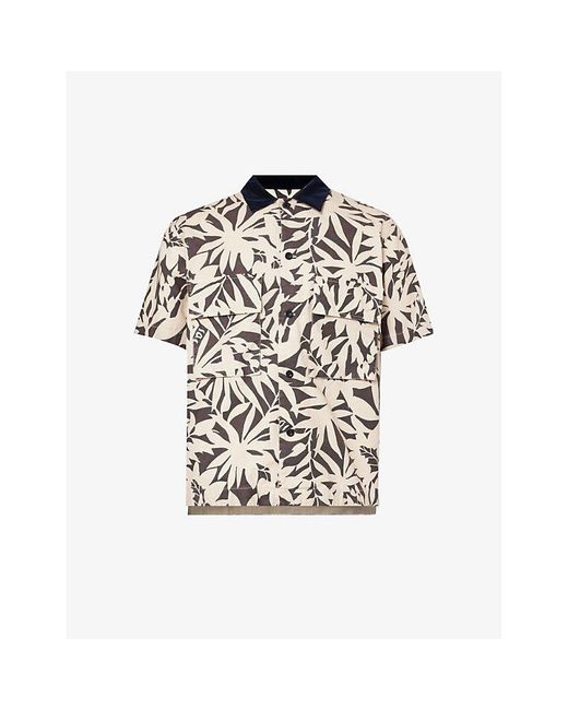Sacai Multicolor Leaf-print Contrast-collar Cotton Shirt for men