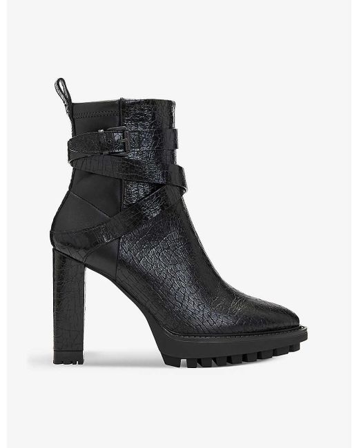 AllSaints Black Havana Heeled Crocodile-effect Leather Ankle Boots