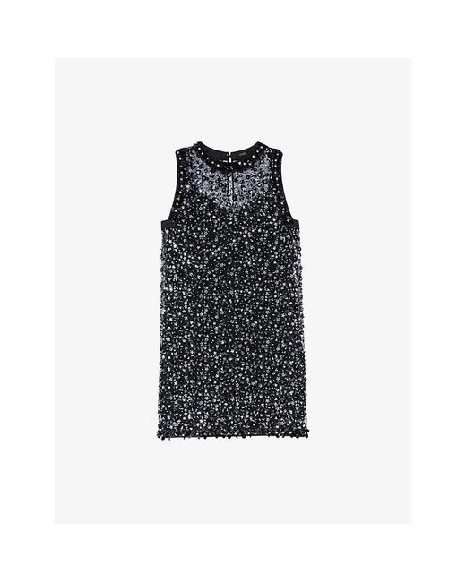 Maje Black Floral Bead-Embellished Woven Mini Dress