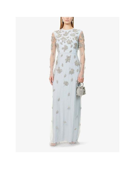 Erdem Blue Long-Sleeve Crystal-Embellished Tulle Gown