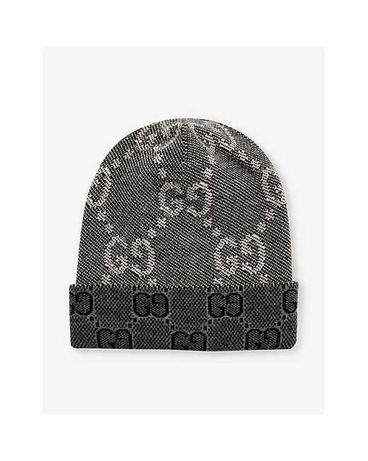 Gucci Gray Double G Brand-pattern Wool-knit Beanie Hat for men