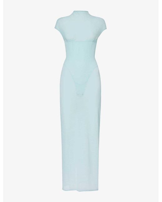 Alaïa Blue Corset-panel Semi-sheer Mesh Maxi Dress