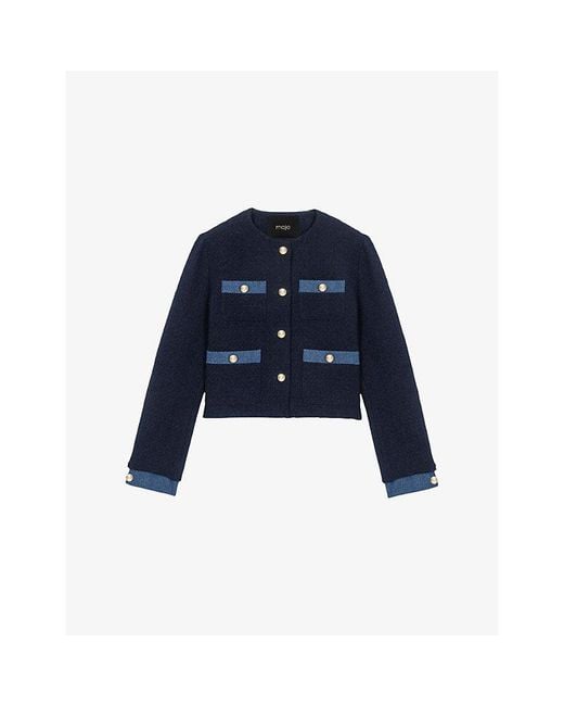 Maje Blue Denim-Trim Four-Pocket Tweed Jacket
