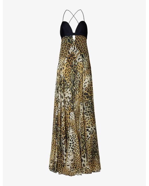 Roberto Cavalli Green Leopard-print Plunge-neck Silk Maxi Dress