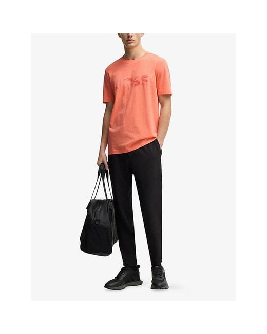 Boss Pink Crewneck Brand-Print Cotton-Jersey T-Shirt for men