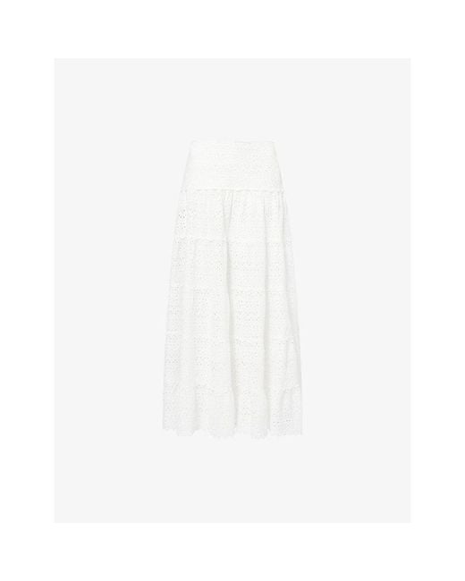 Rixo White Ripeka Embroidered Cotton Midi Skirt