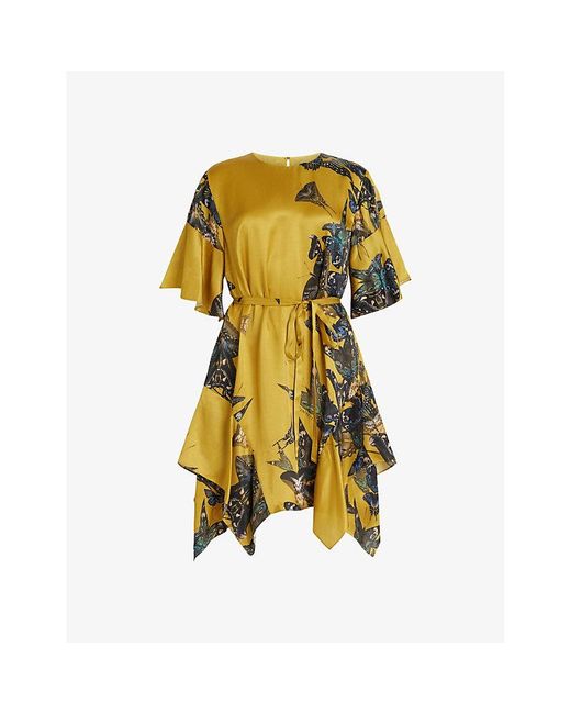 AllSaints Yellow Rina Diana Butterfly-print Satin Mini Dress