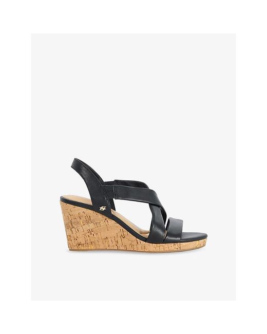 Dune Blue Kamies Cork Leather Wedge Sandals