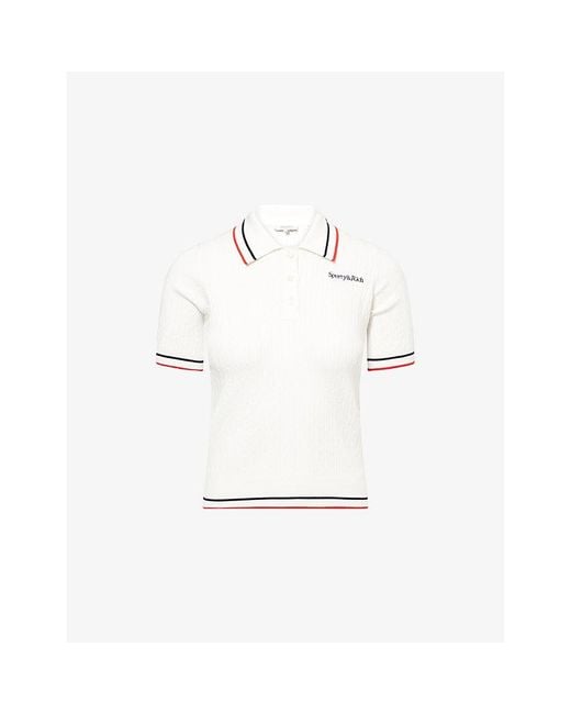 Sporty & Rich White Serif Logo Mini Cable-Knit Polo Shirt