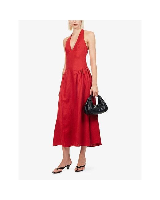 Faithfull The Brand Red La Cala Halter-Neck Linen Midi Dress