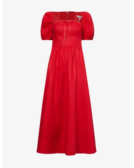 Reformation Red Marella Puffed-sleeve Curved-neck Linen Midi Dress
