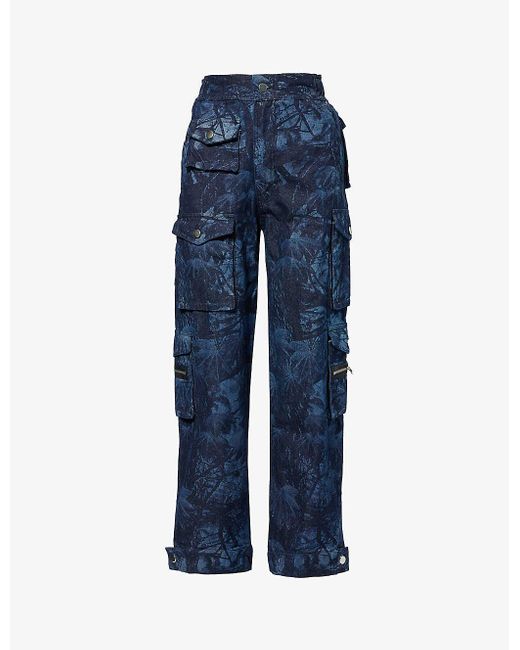 EB DENIM Blue Abstract-print Straight-leg High-rise Denim Cargo Trousers